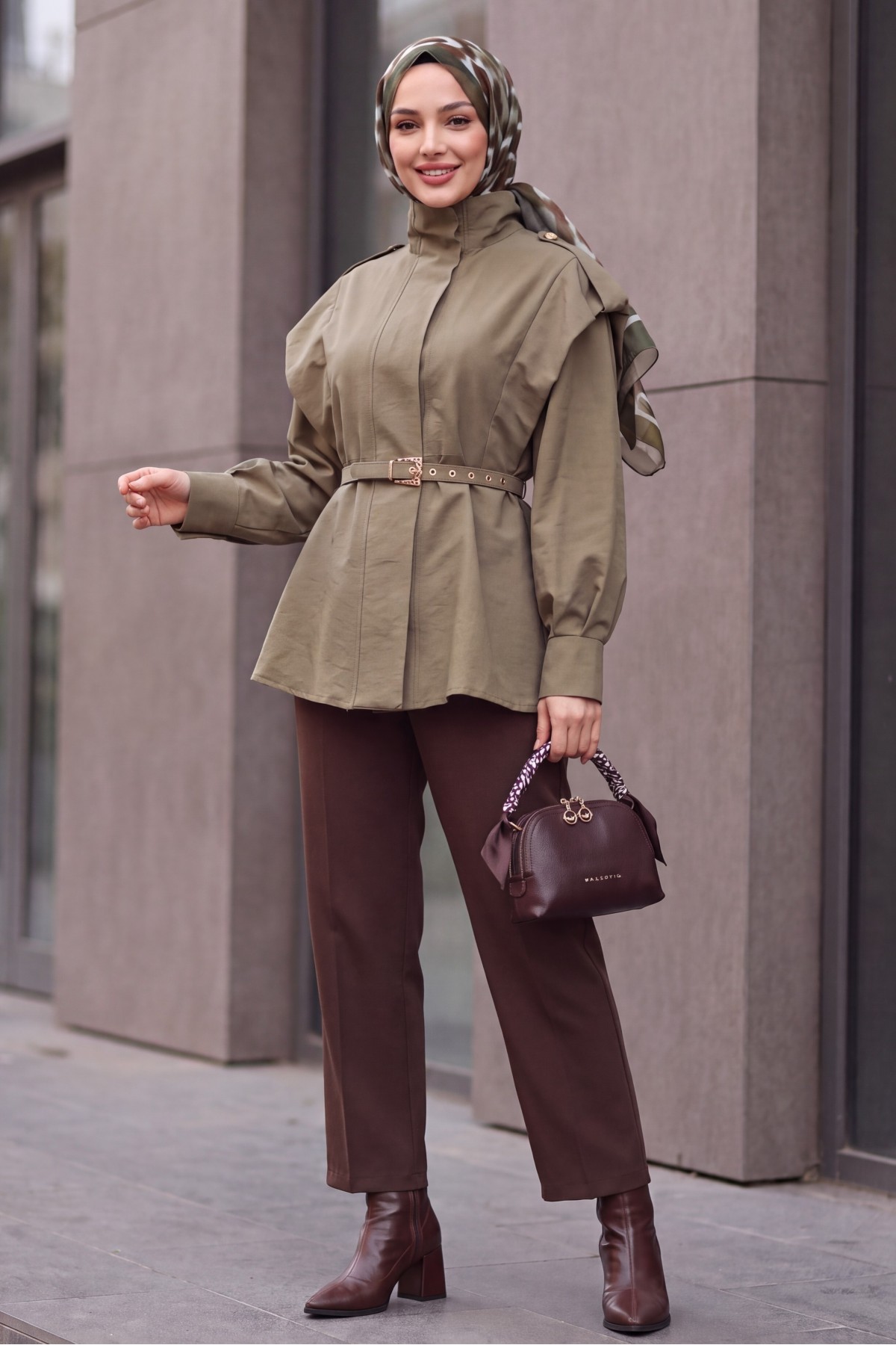 Stand-Collar Belted Trench Coat with Full-Length Button Closure -Light coffee