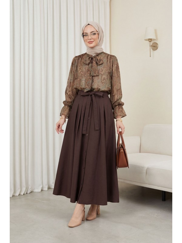 Yakası Bağlamalı Etnik Desen Kolu Lastikli Şifon Bluz  -Kahve