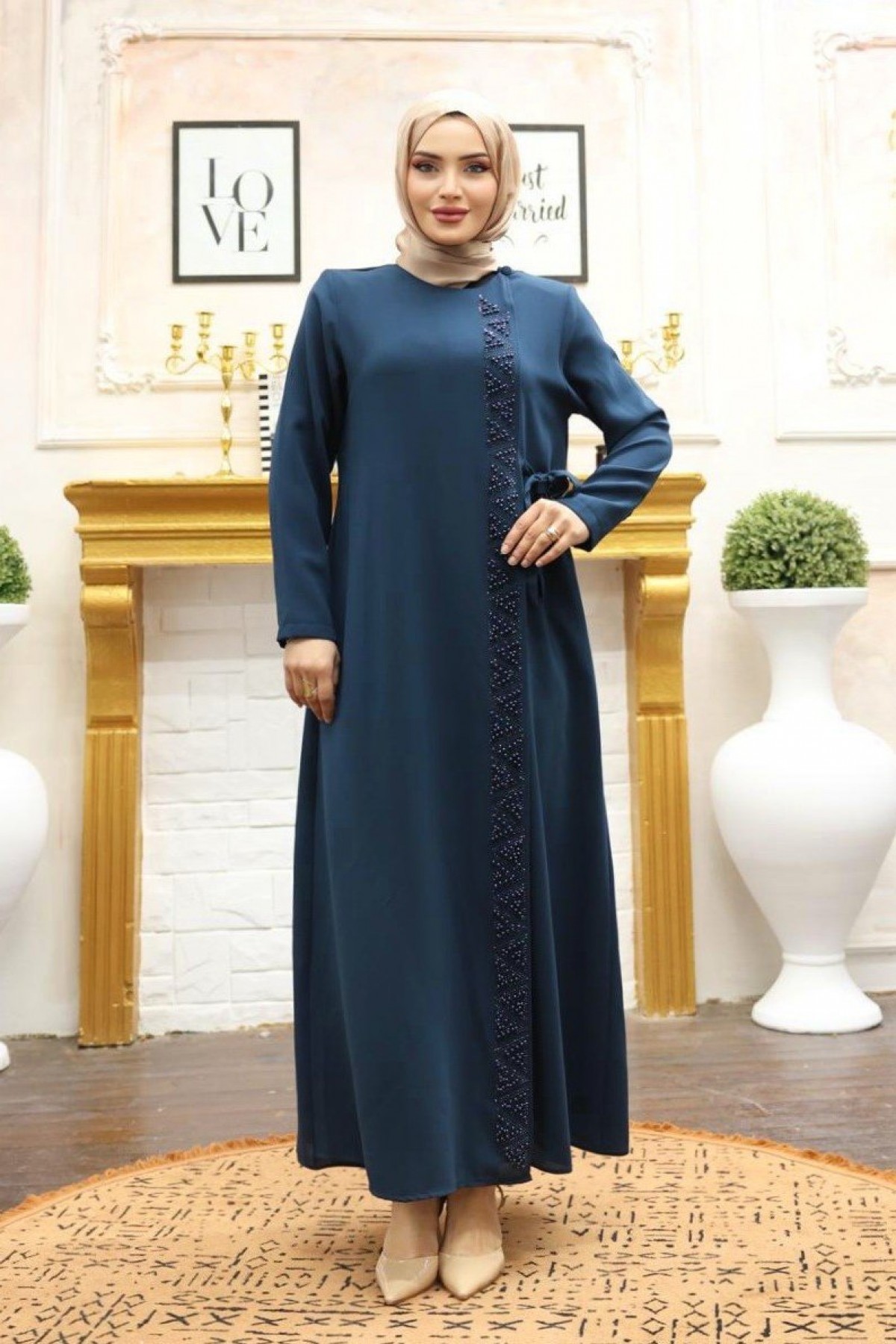 Double Layer Side Tie Abaya with Stone Detail on the Front -Oil color