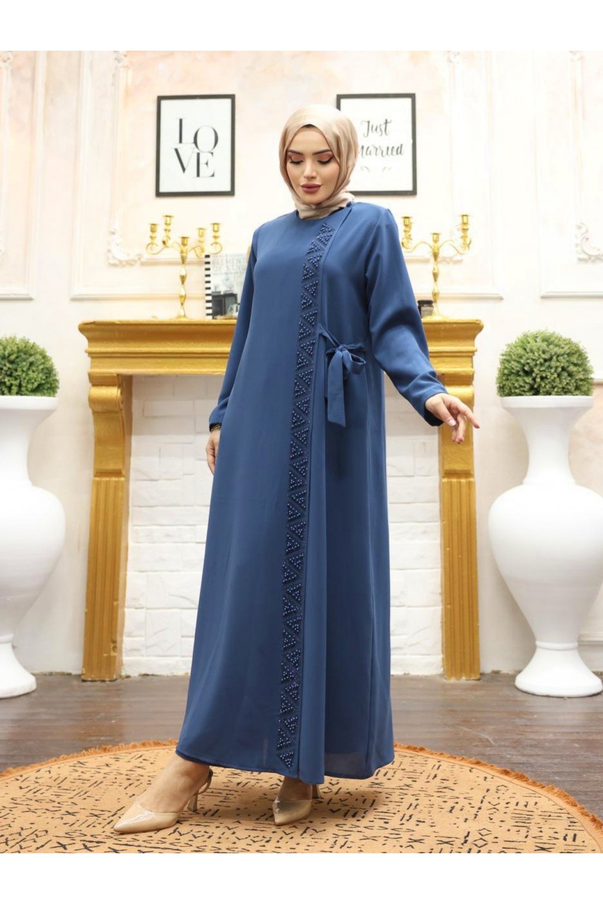 Double Layer Side Tie Abaya with Stone Detail on the Front -Oil color