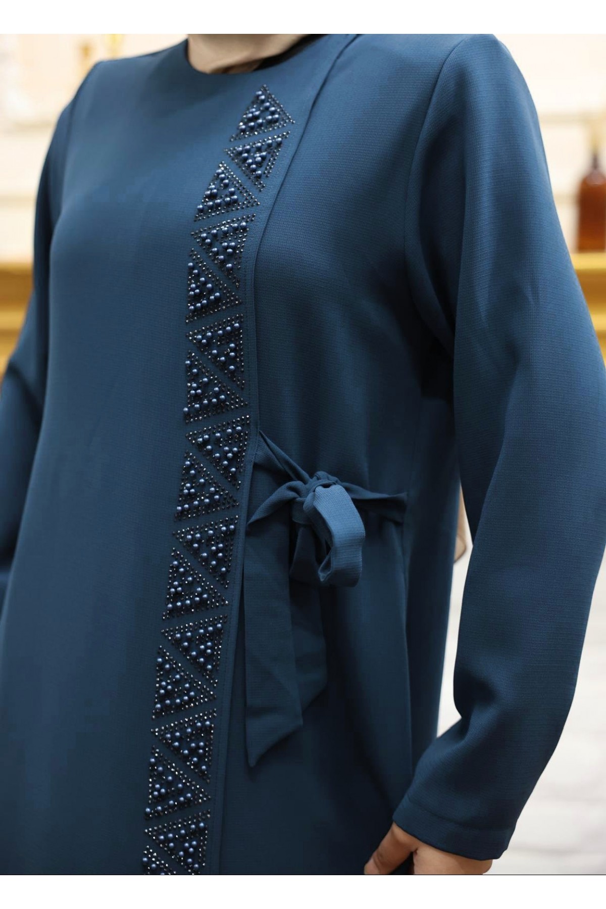 Double Layer Side Tie Abaya with Stone Detail on the Front -Oil color
