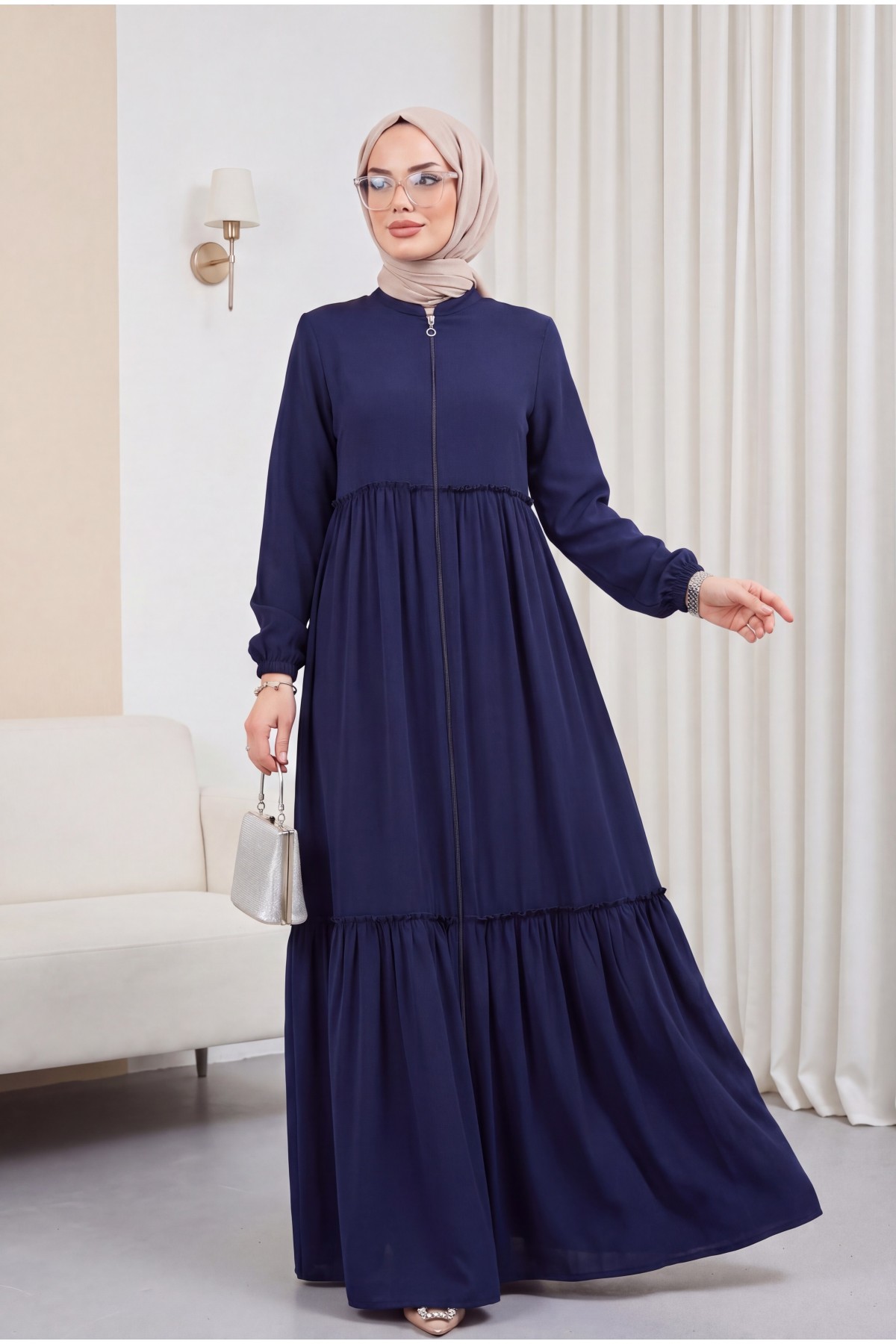Parted Elastic Sleeve Full Zip Abaya -Navy blue