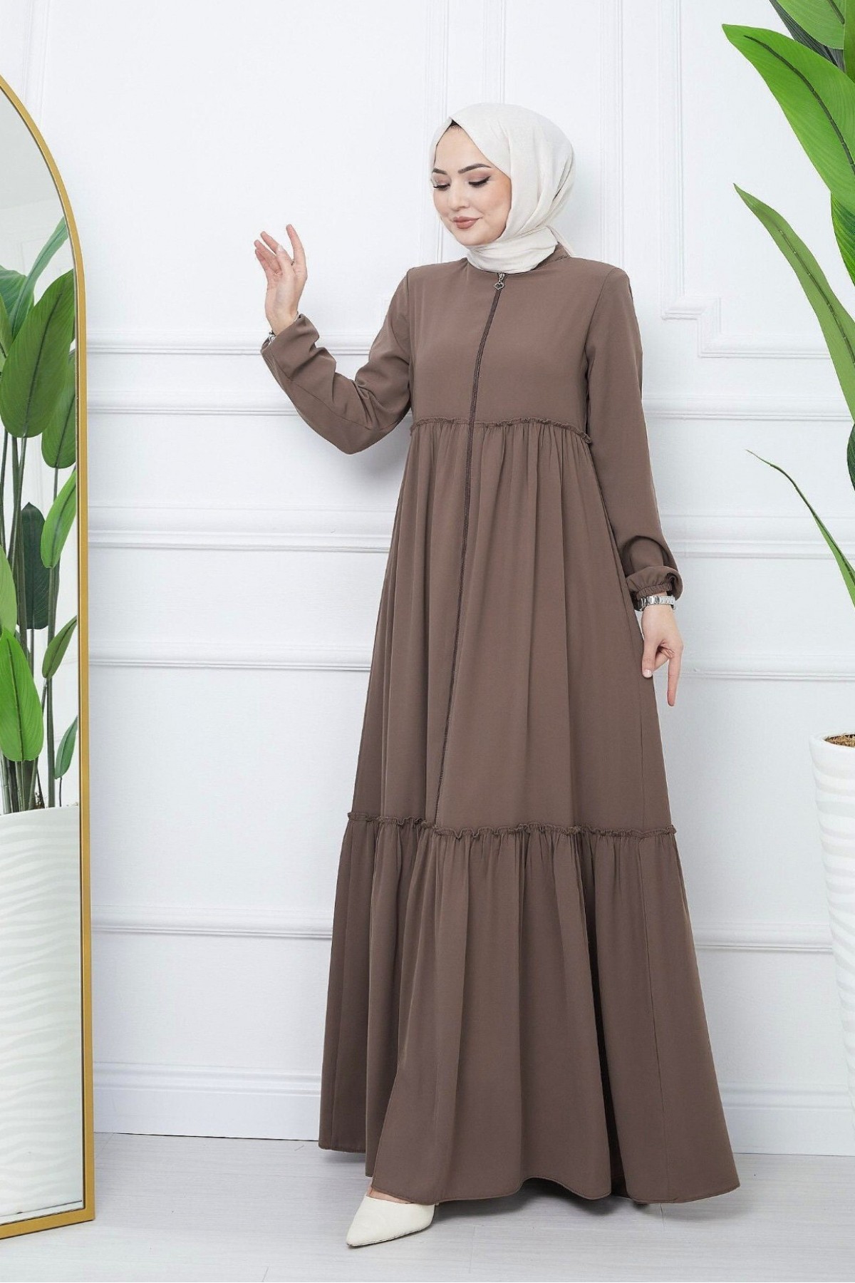 Parted Elastic Sleeve Full Zip Abaya - Soil