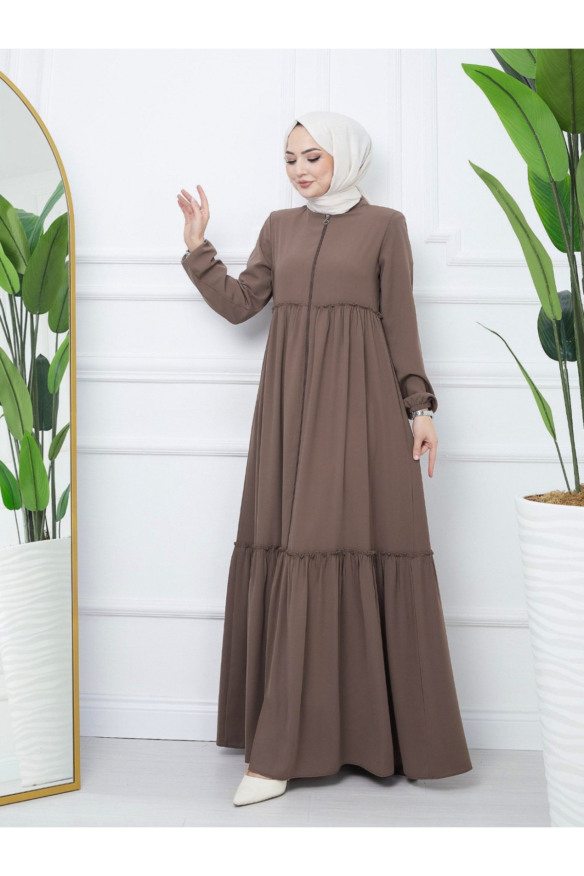 Parted Elastic Sleeve Full Zip Abaya - Soil