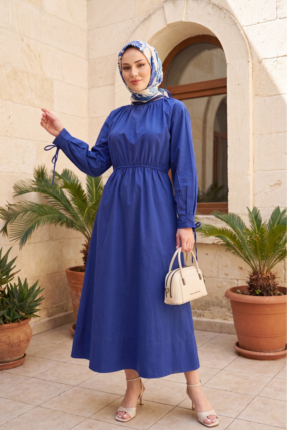 فستان من قماش البوبلين بخصر مطاطي وتفاصيل ربط -أزرق شامي