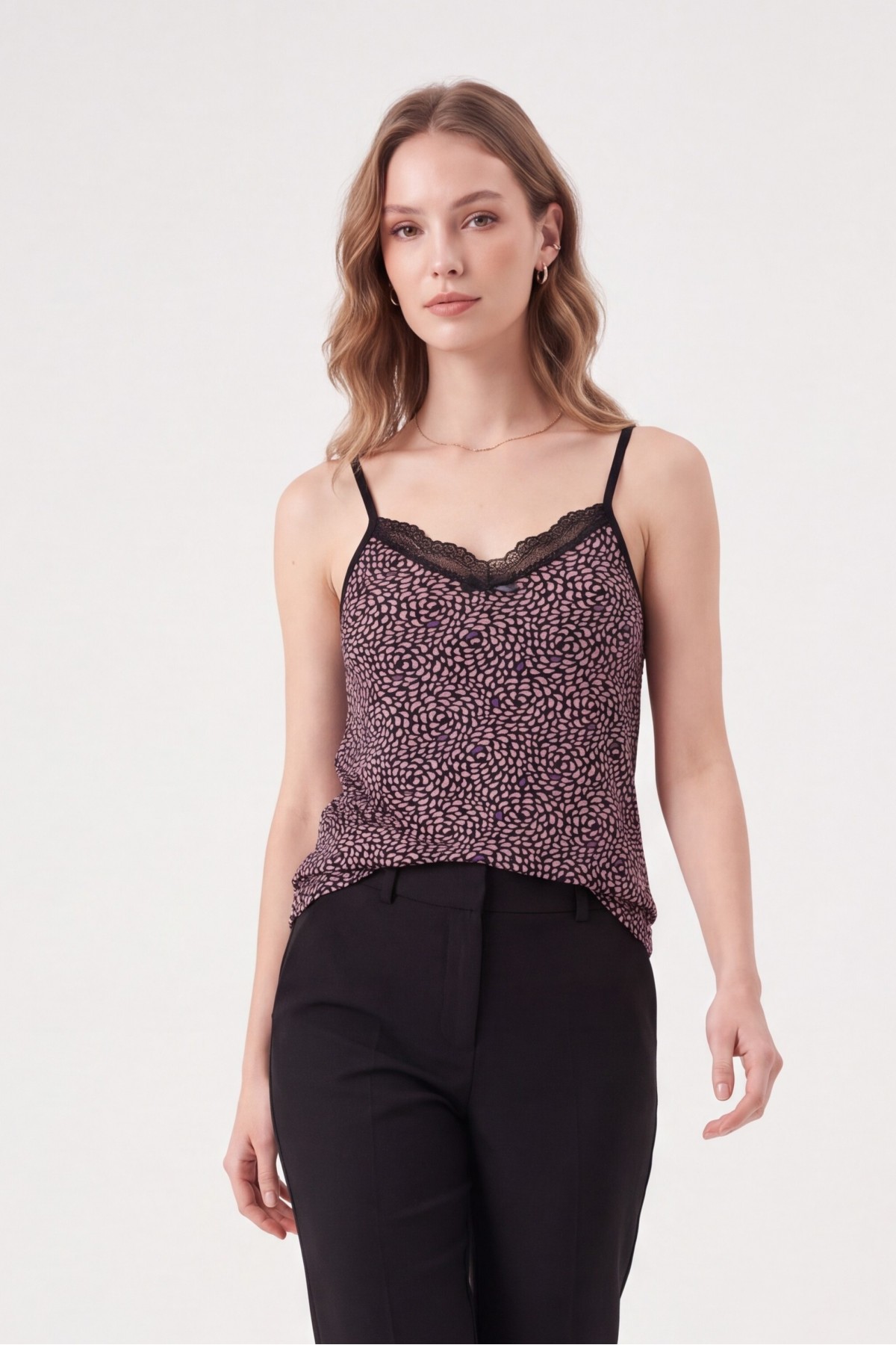 Lace Patterned Undershirt with Rope Straps -Powder