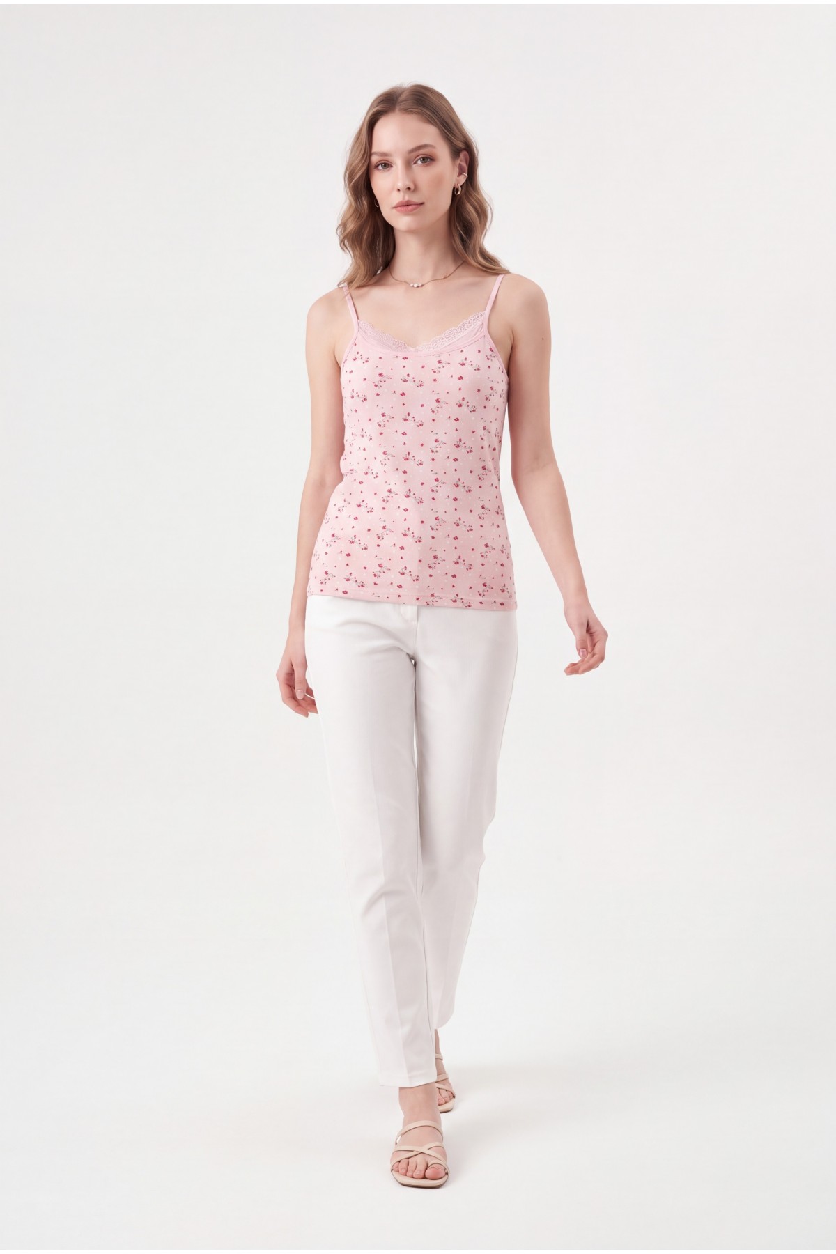 Lace Patterned Undershirt with Rope Straps -Pink