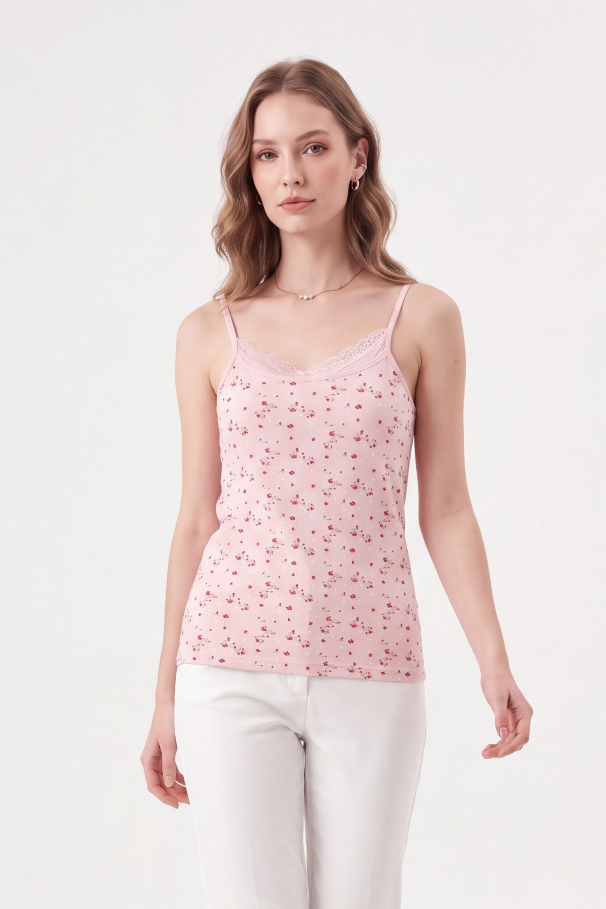 Lace Patterned Undershirt with Rope Straps -Pink