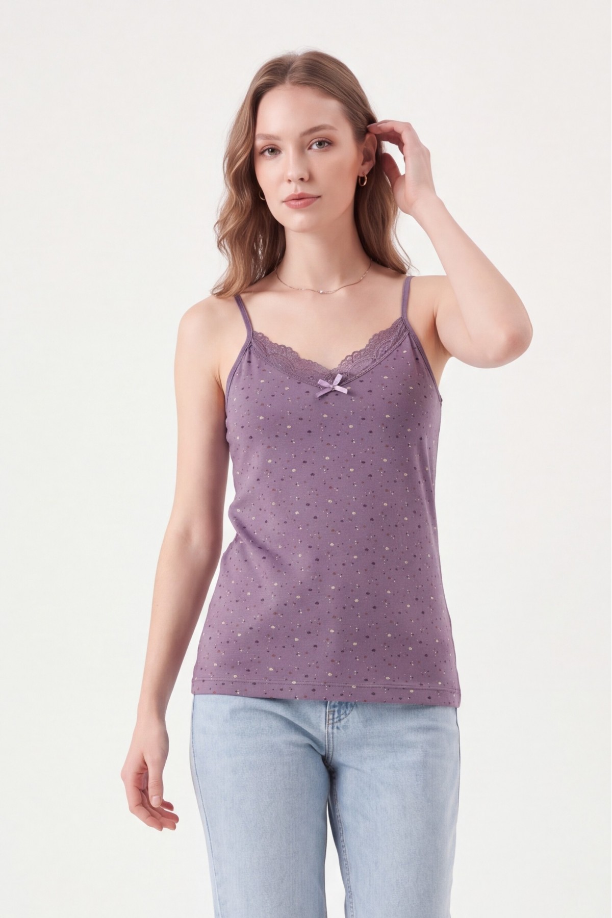 Lace Patterned Undershirt with Rope Straps - Purple