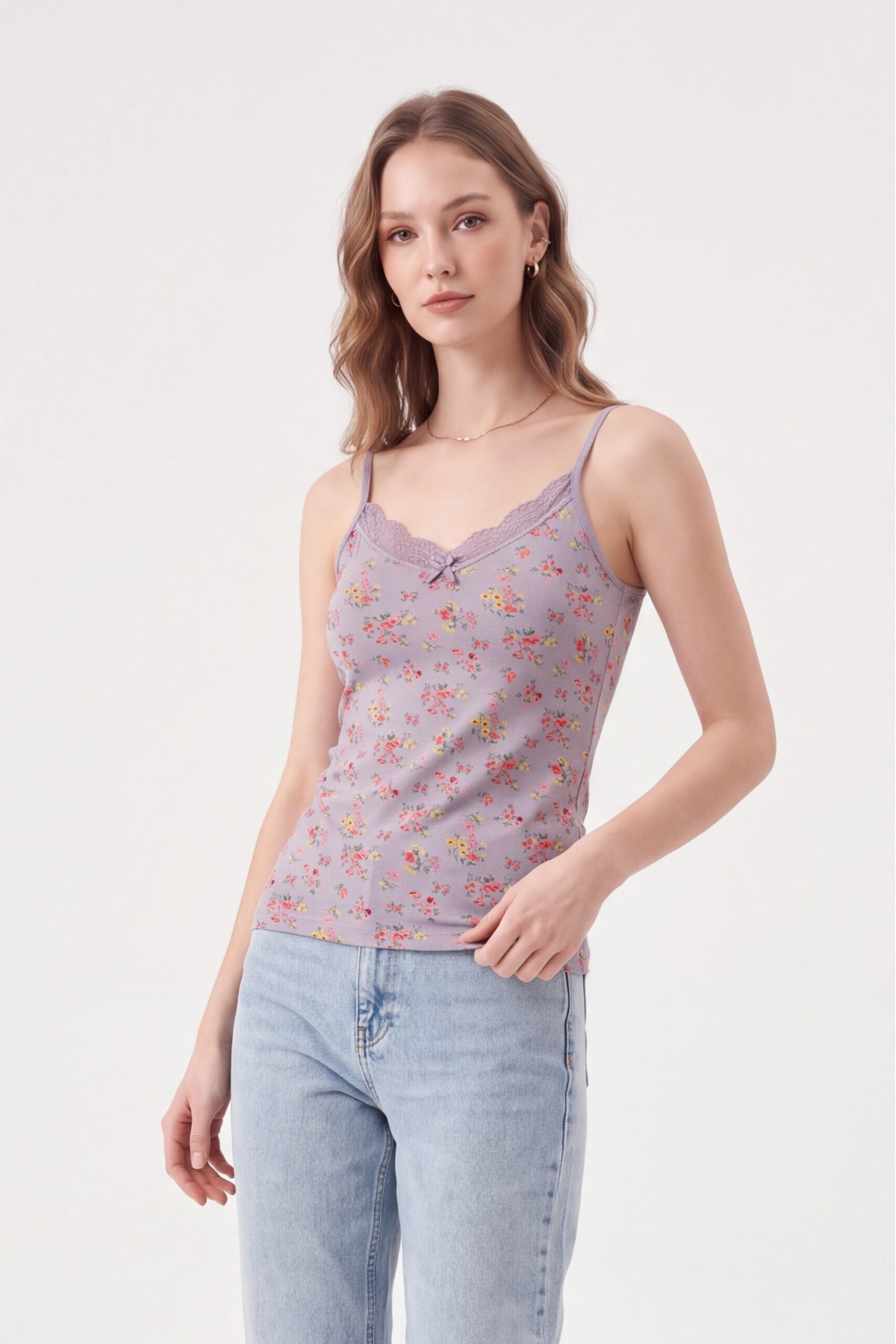 Lace Patterned Undershirt with Rope Straps -Light Lilac