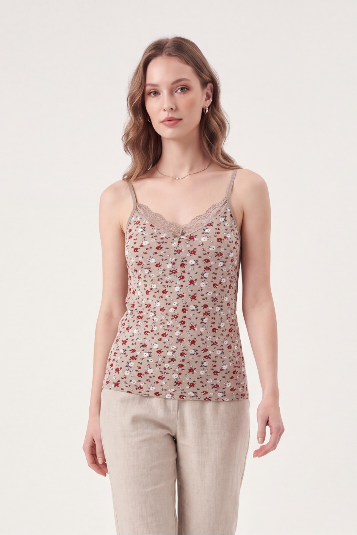 Lace Patterned Undershirt with Rope Straps -Light coffee