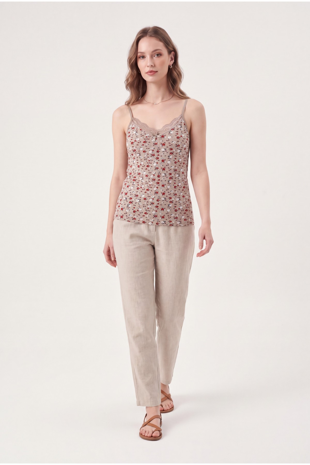 Lace Patterned Undershirt with Rope Straps -Light coffee