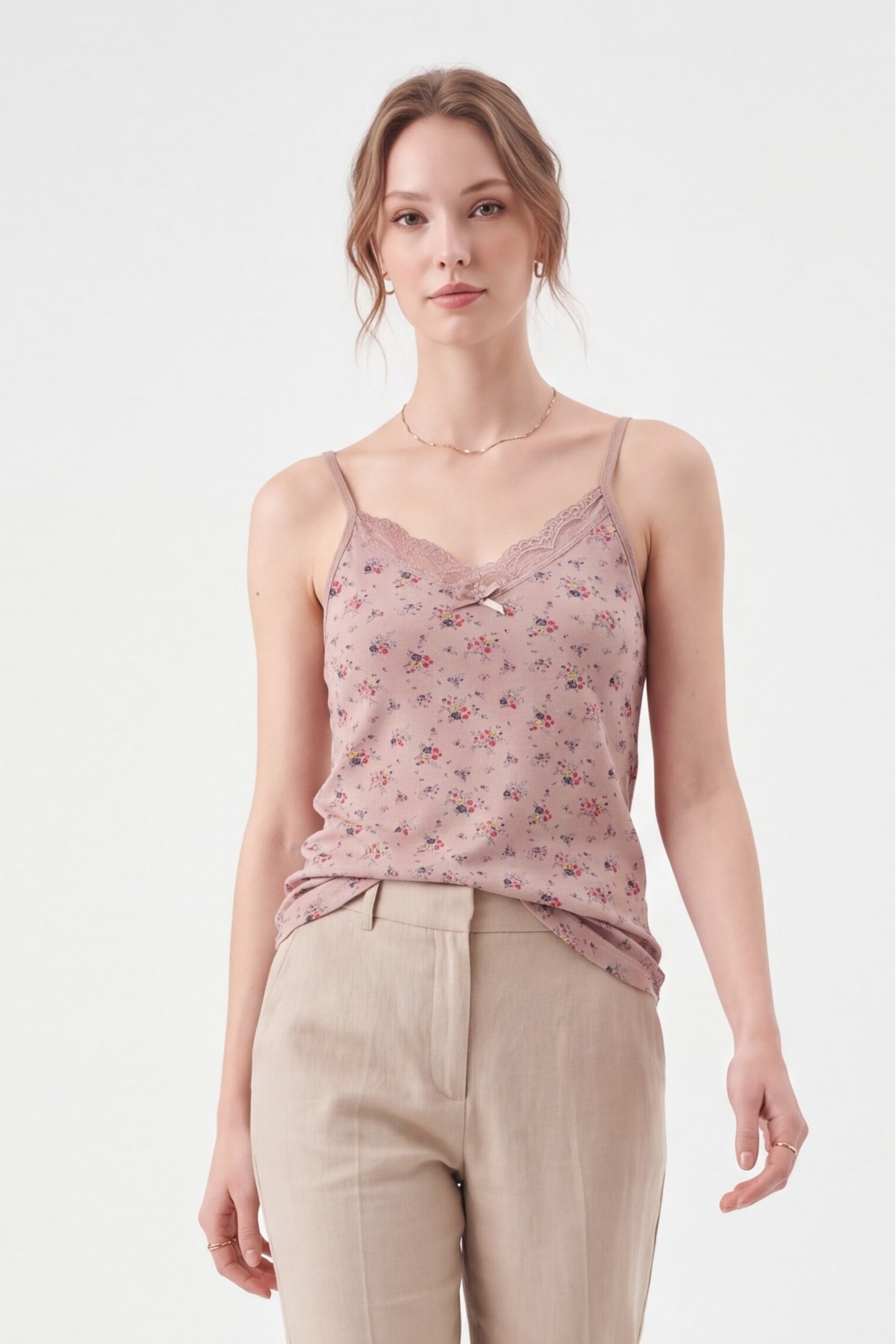 Floral Patterned Lace Strappy Undershirt -Salmon