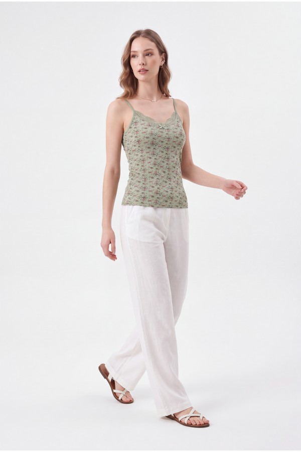 Floral Patterned Lace Strappy Undershirt -Sea green