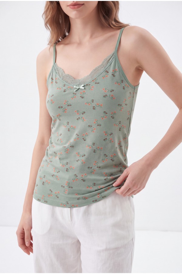 Floral Patterned Lace Strappy Undershirt -Cagla Green