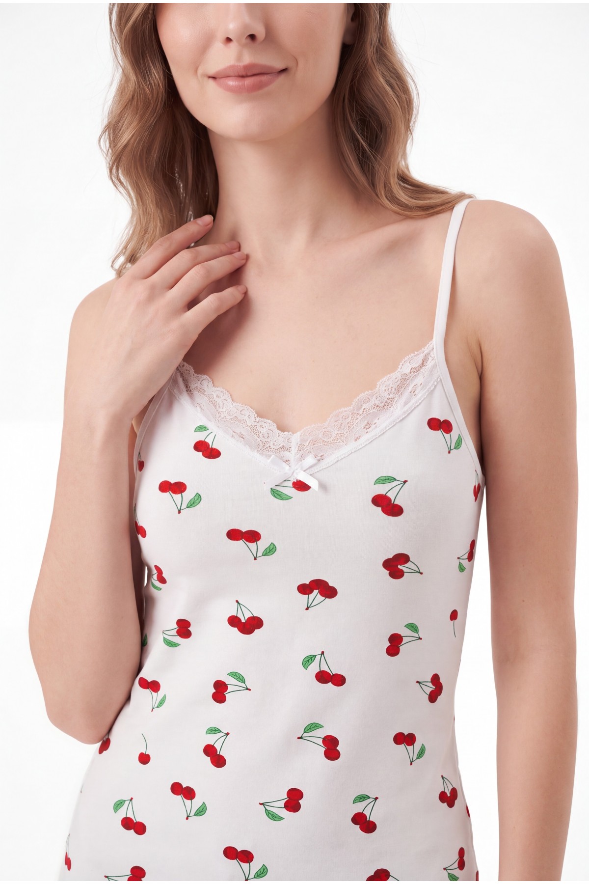 Cherry Patterned Lace Undershirt with Rope Straps -White