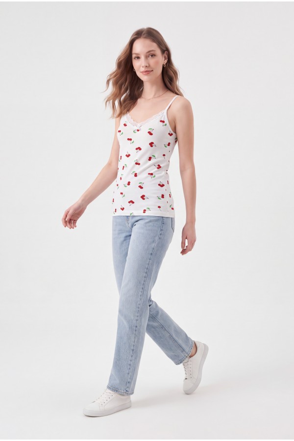 Cherry Patterned Lace Undershirt with Rope Straps -White