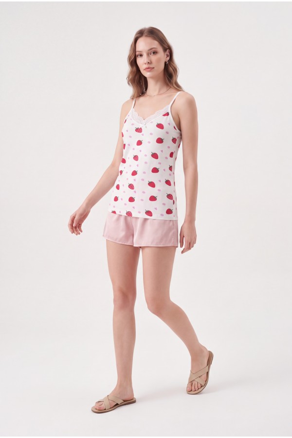 Lace Strawberry Patterned Tank Top -White