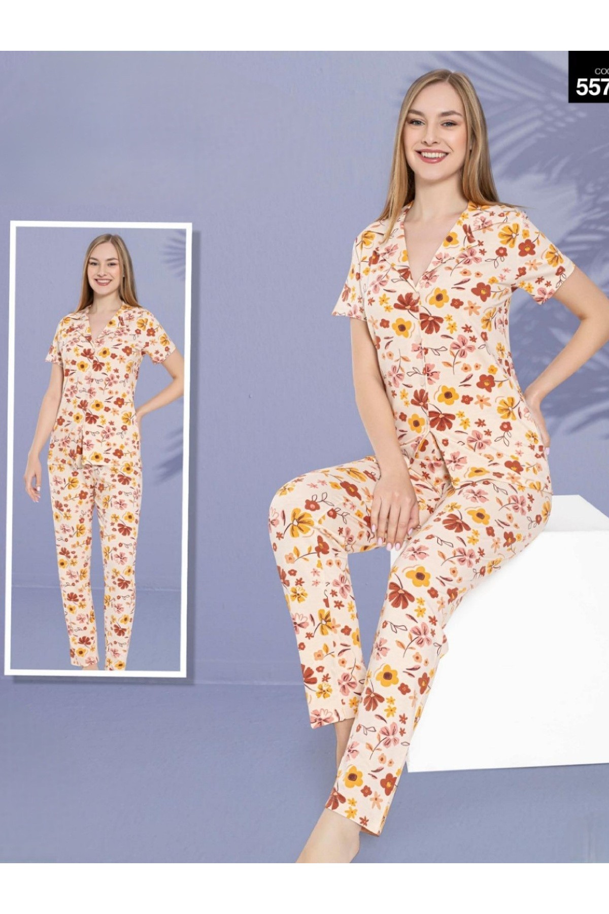 Large Floral Buttoned Short Sleeve Pajama Set -Salmon