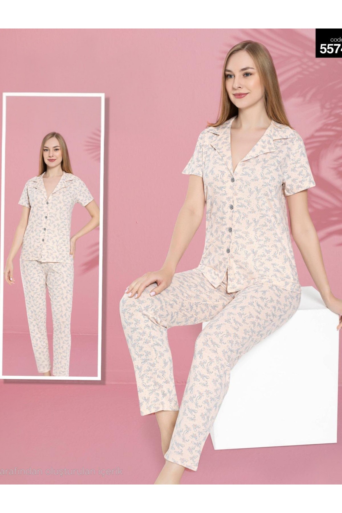 Düğmeli Çiçekli V Yaka Pamuklu Kısa Kollu Pijama Takımı -Yavruağzı