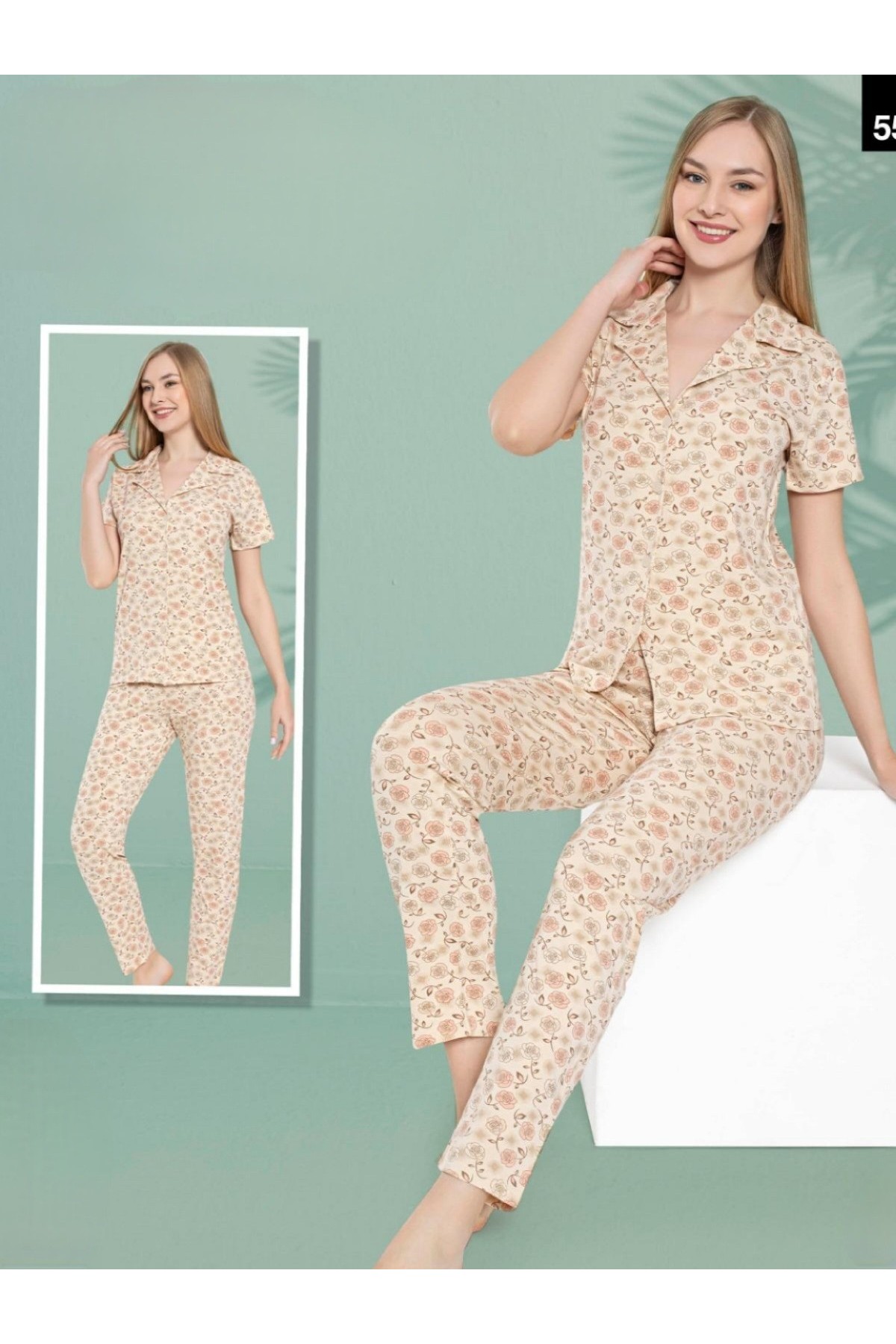 Rose Patterned Buttoned Pajama Set -Salmon