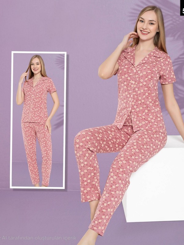 Papatya Desenli Düğmeli Kısa Kollu Pijama Takımı -G.Kurusu