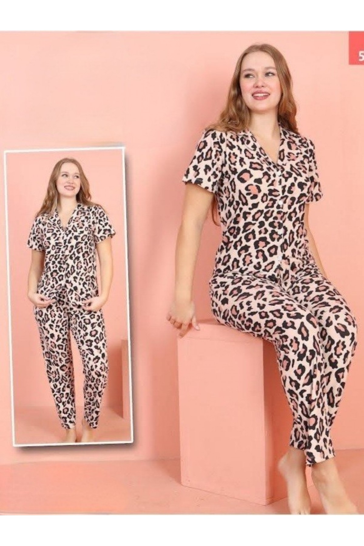 Buttoned Patterned Milan Fabric Short Sleeve Pajama Set -Powder