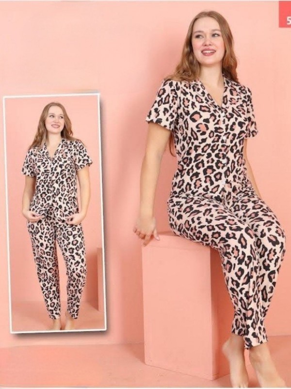 Buttoned Patterned Milan Fabric Short Sleeve Pajama Set -Powder