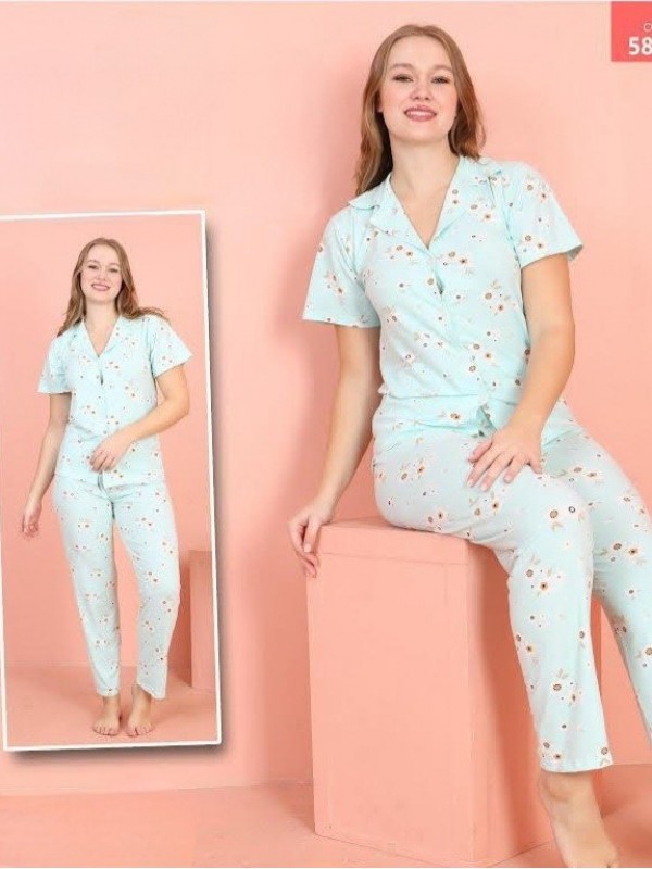 Daisy Pattern Buttoned Short Sleeve Pajama Set -Sea green