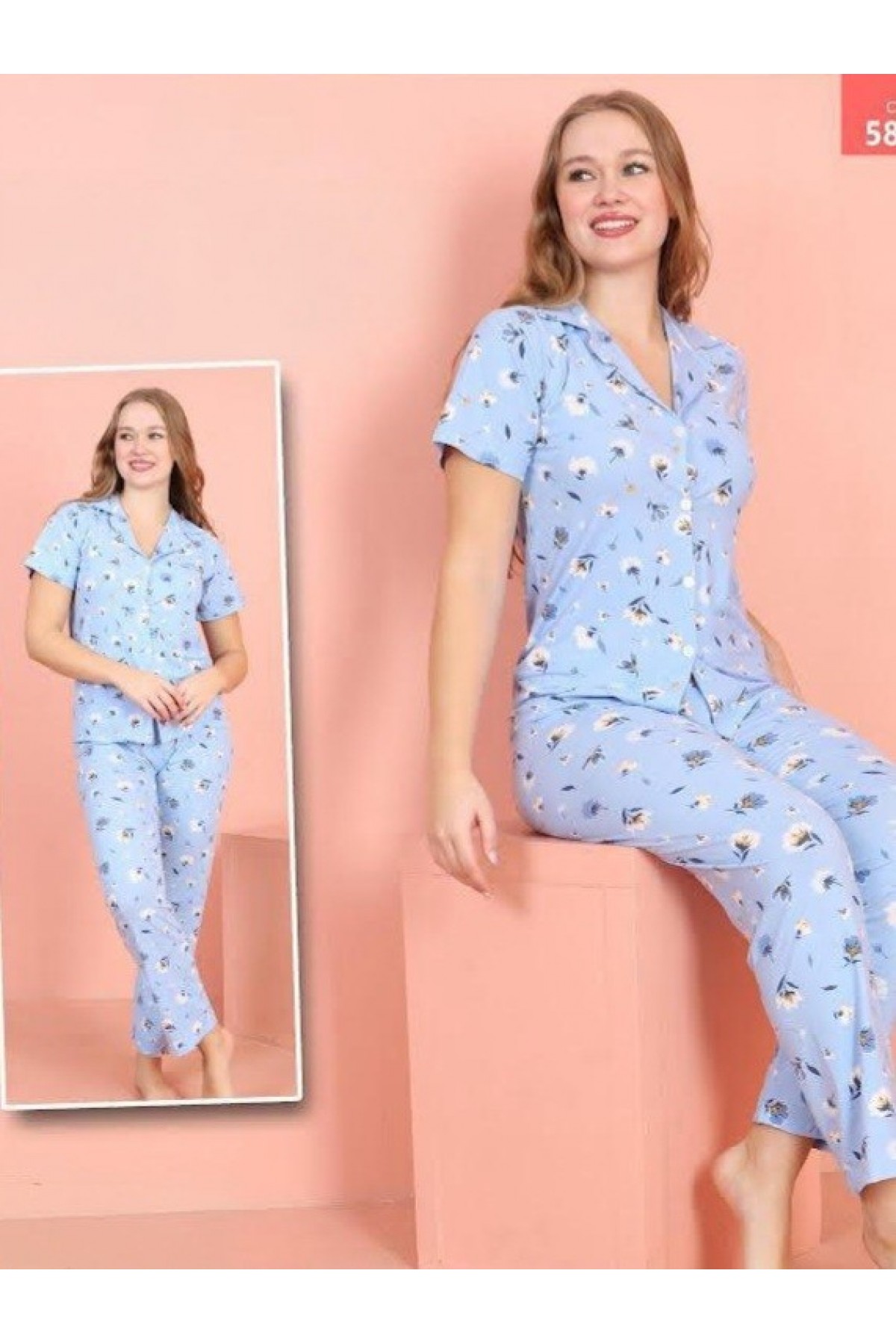 Çiçek Desenli Düğmeli Milan Pijama Takımı -Mavi