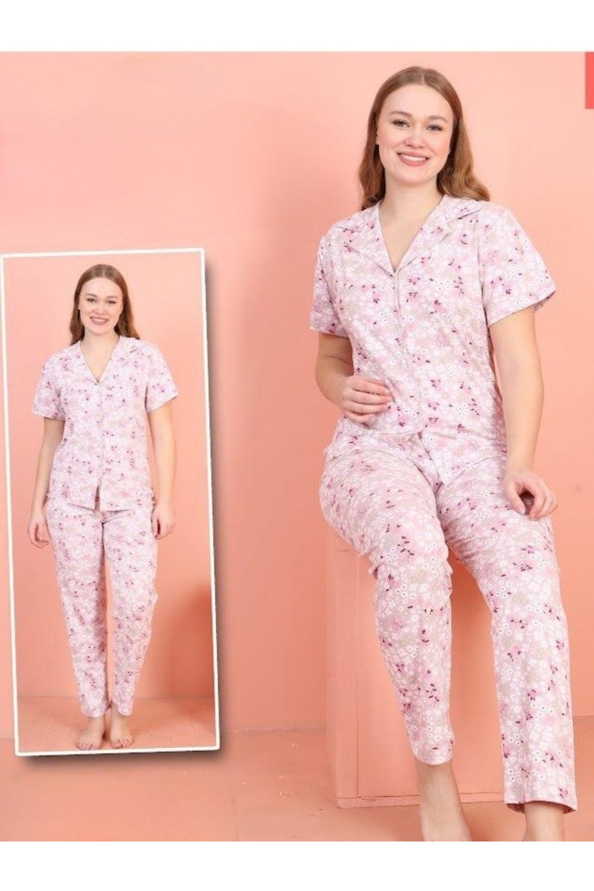 V Neck Short Sleeve Floral Patterned Pajama Set -Lilac