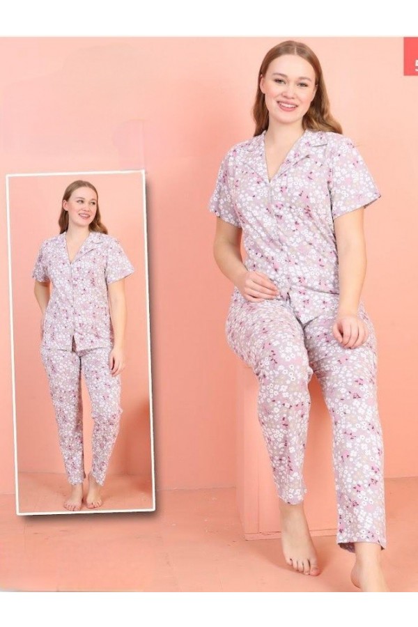 Floral Patterned V Neck Buttoned Pajama Set -Light Lilac