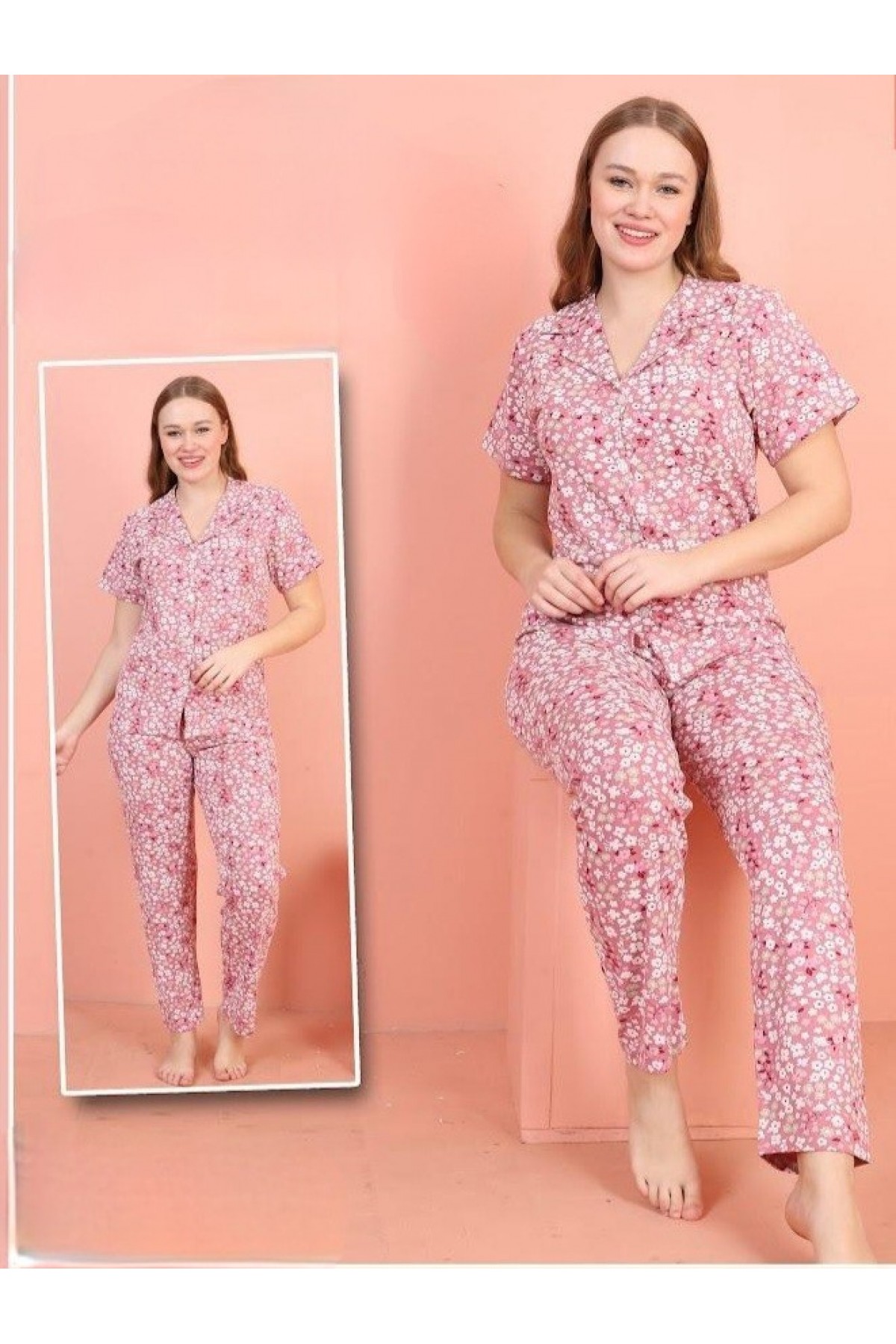 Önü Düğmeli V Yaka Kısa Kollu Pijama Takımı -Pembe