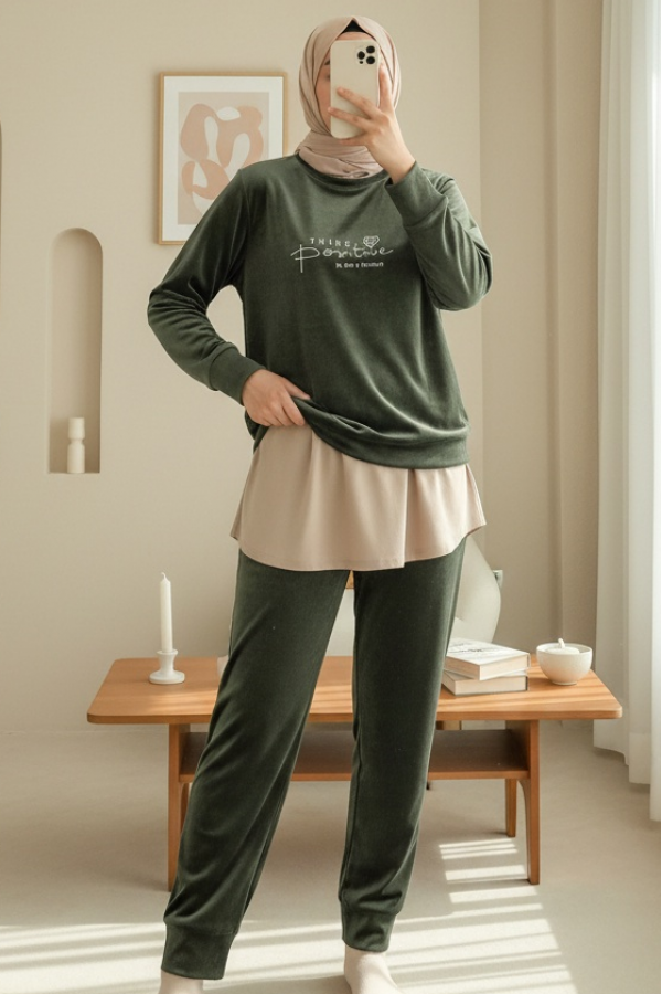 طقم بيجامة مخملية فرنسية مع نص منقوش -خاكي