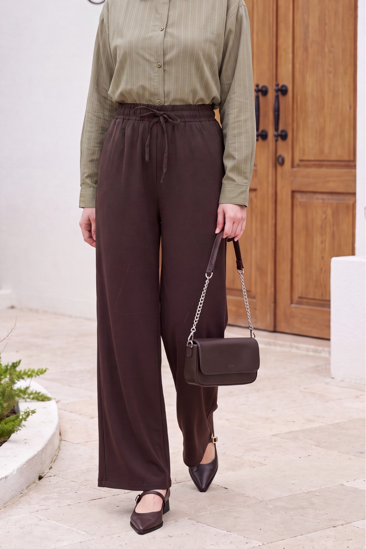 Elasticated Waist, Drawstring, Pockets, Wide Leg Summer Linen Trousers -Brown