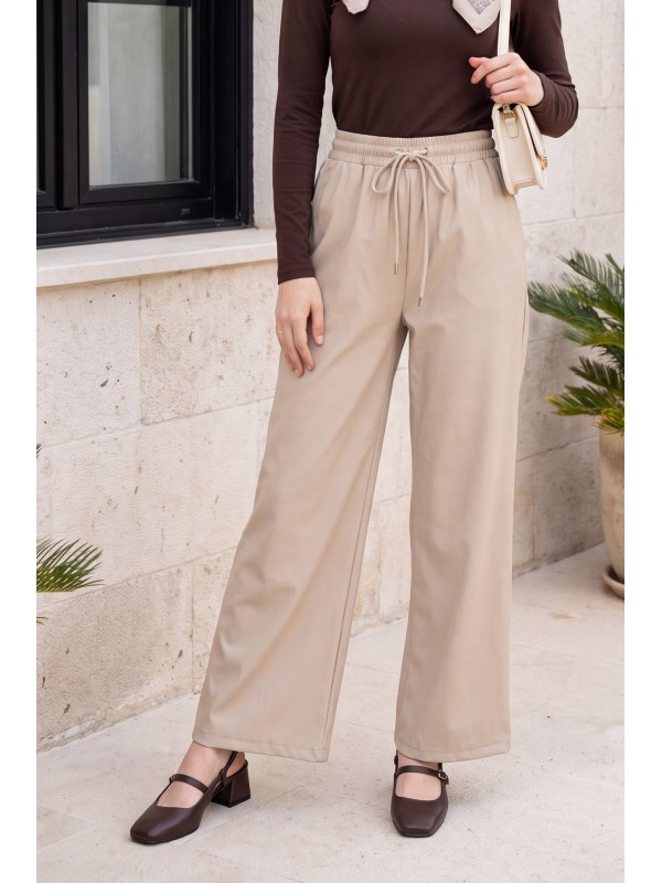 Elasticated Waist, Drawstring, Pockets, Wide Leg Summer Linen Trousers -Stone
