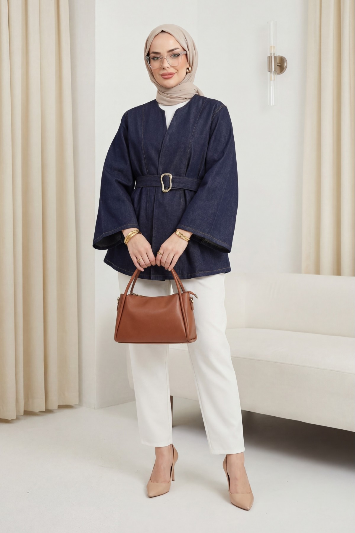 Denim Jacket with Gold Buckle Detail and Belt -dark lacquer