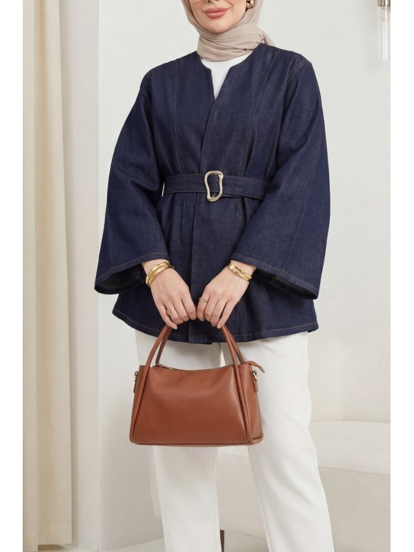 Denim Jacket with Gold Buckle Detail and Belt -dark lacquer