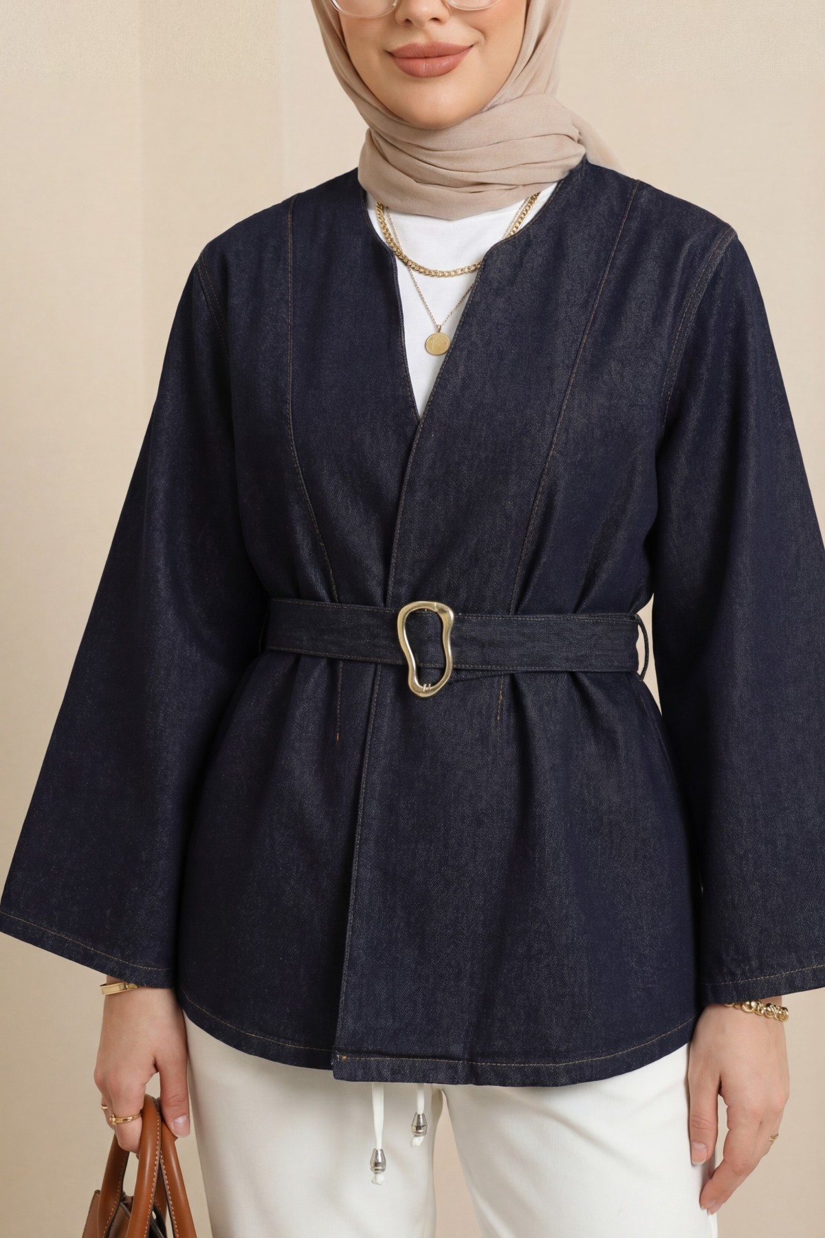 Denim Jacket with Gold Buckle Detail and Belt -dark lacquer