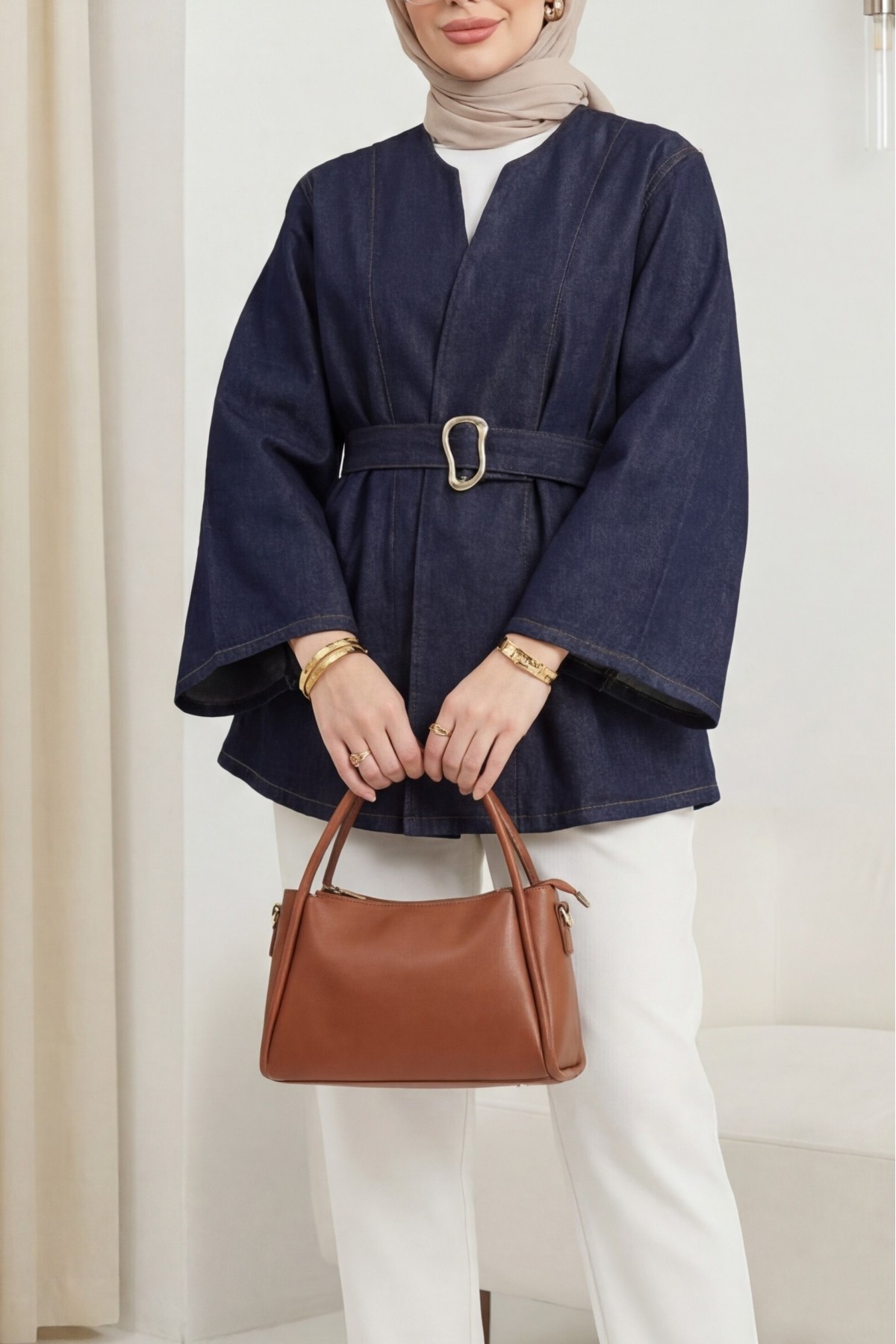 Denim Jacket with Gold Buckle Detail and Belt -dark lacquer