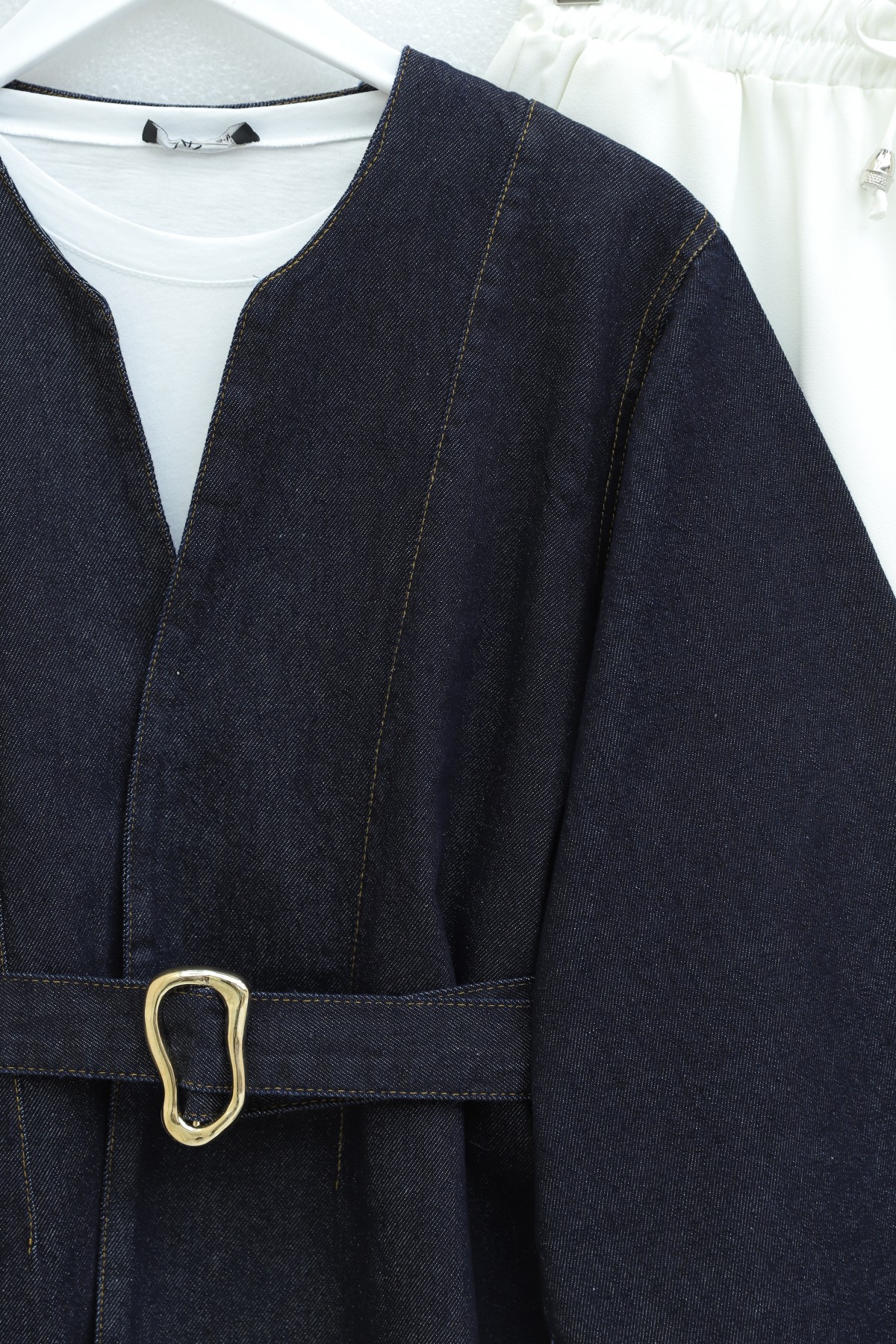 Denim Jacket with Gold Buckle Detail and Belt -dark lacquer