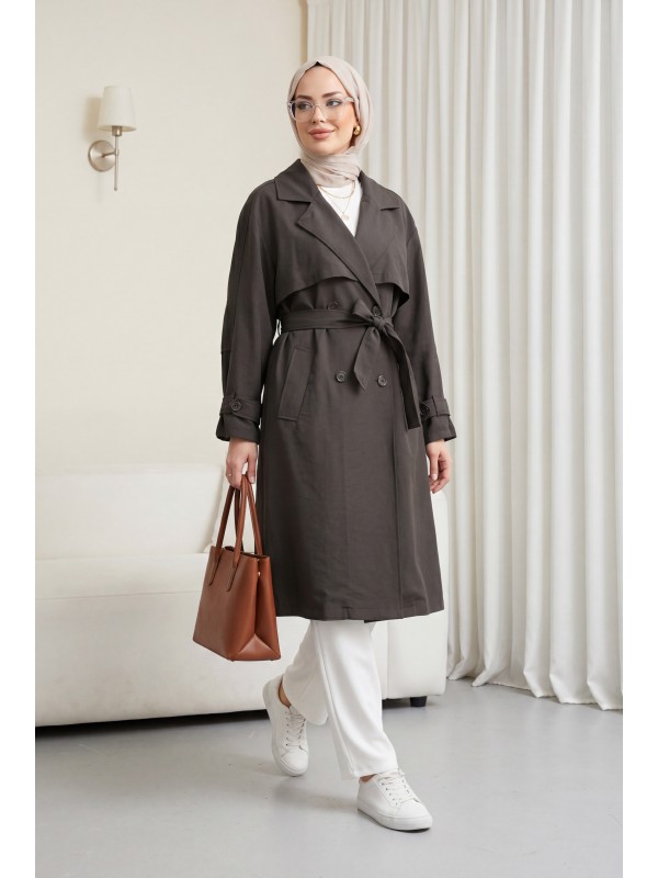 Trench coat made of polyester fabric with belt, pockets, and epauletted sleeves. -Dark Coffee