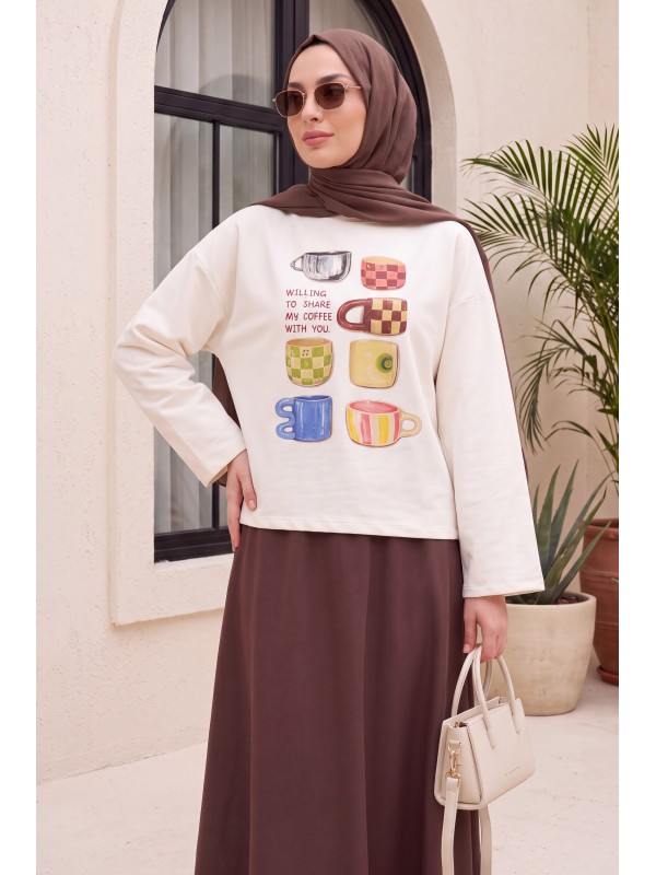 Cup Print Crew Neck Oversize 2-Thread Cotton Sweatshirt -Ecru