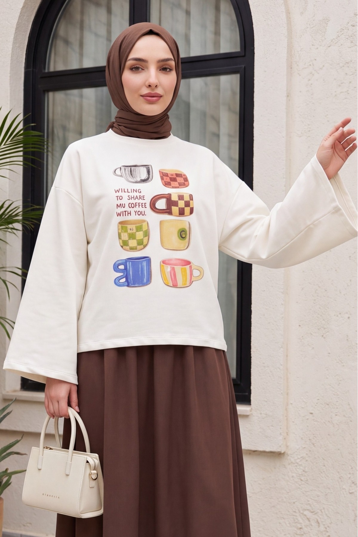 Cup Print Crew Neck Oversize 2-Thread Cotton Sweatshirt -Ecru
