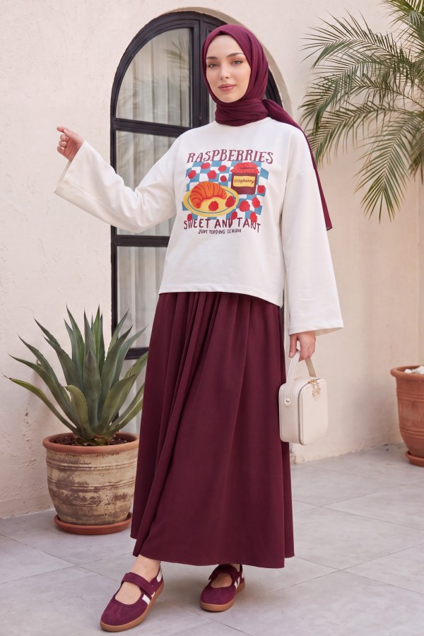 Fruit Print Round Neck Oversize 2-Thread Cotton Sweatshirt -Maroon
