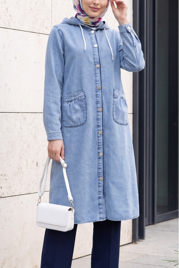 Double Pocket Hooded Button-Front Denim Jacket -Ice Blue