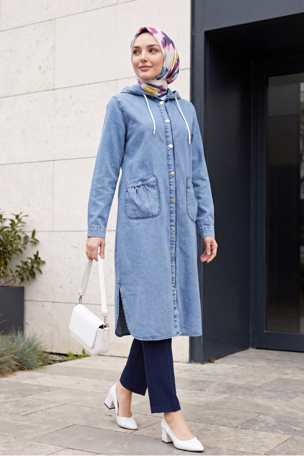 Double Pocket Hooded Button-Front Denim Jacket -Ice Blue
