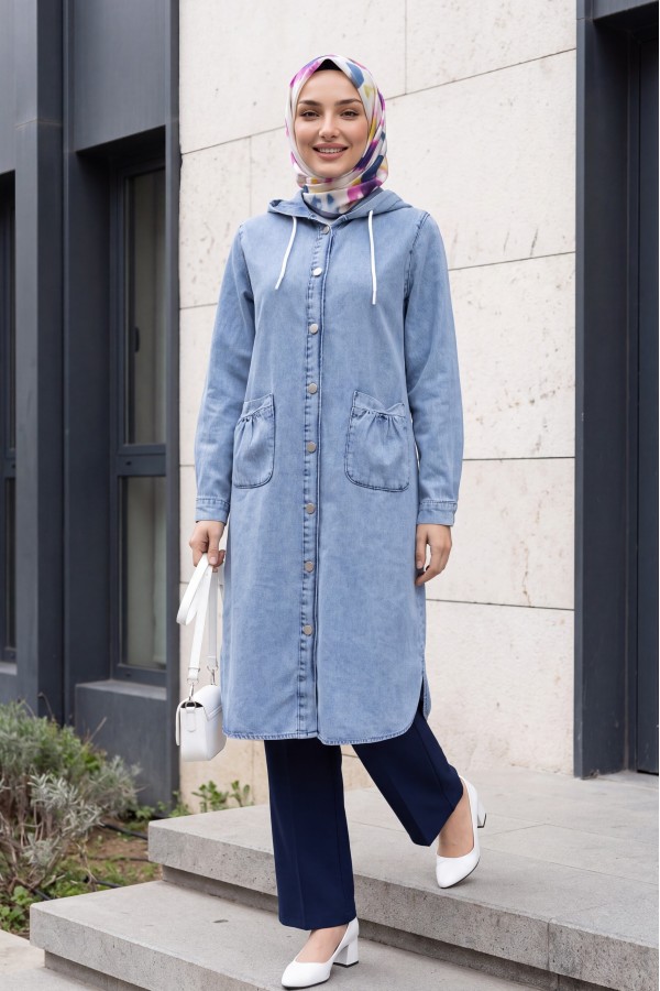 Double Pocket Hooded Button-Front Denim Jacket -Ice Blue