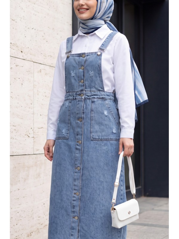 Distressed Detail Full-Length Buttoned Double Pocket Denim Overalls -Ice Blue