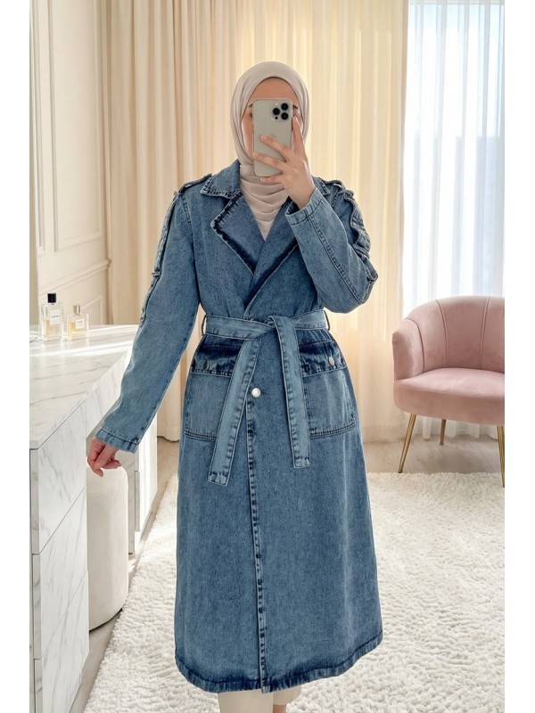 معطف ترنش من الدنيم مزود بجيوب وحزام وإغلاق بأزرار -جليدي